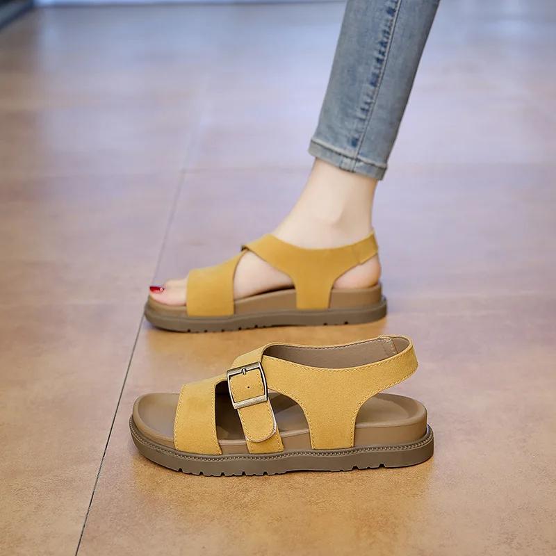 Women Sandals Summer New Solid Color Open Toe Flat Casual Slippers Buckle Outdoors Beach Sandals Sandalias De Mujer