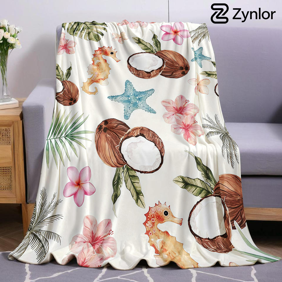 Watercolor Tropical Seahorse Cartoon Anime Print Flannel Blanket Soft Warm Throw for Kids Bedroom Sofa Bed Christmas Office Car