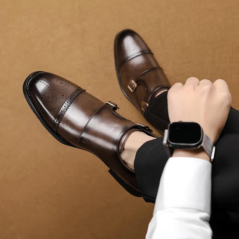 2024 Men's Black Low Top Leather Shoes Classic Double Buckle Fashionable Business Banquet Party Brown Pointed Leather Shoes