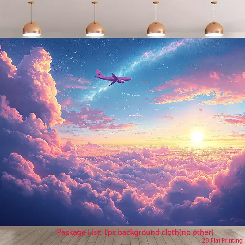 

2D Dreamy Room Backdrop, Airplane Flying Over Cotton Candy Clouds at Sunset Background 47.2x31.5inch/120*80cm