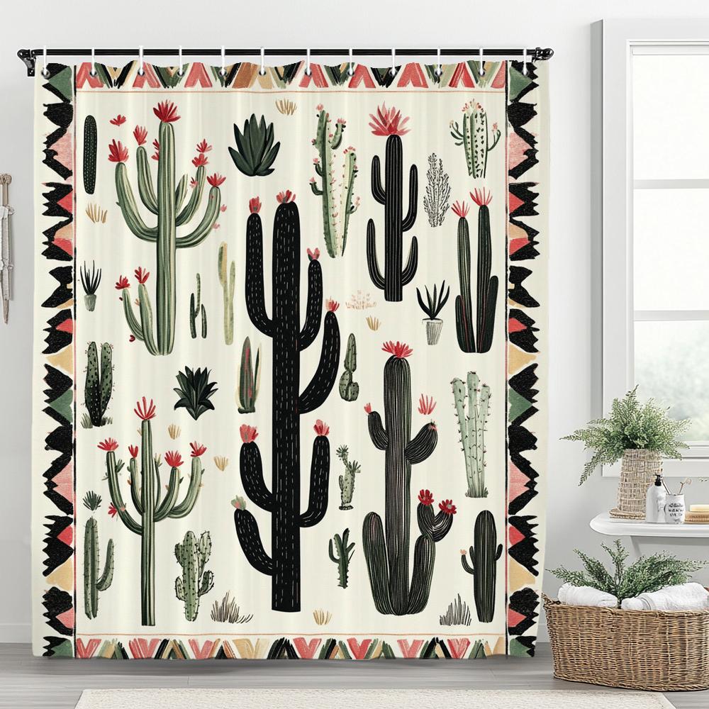 

1pc Tropical Plant Cactus Shower Curtain, Bohemian style Bathroom Decorative Curtain, Printed Polyester Home Curtain with Hooks 90x180cm-35x70in