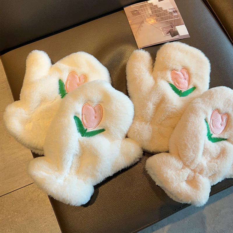 WTEMPO Solid Color Autumn Winter Warm Plush Mittens Women's Cute Tulip Patterned Embroidered Gloves Windproof Cold-proof Cycling Hanging Neck Gloves