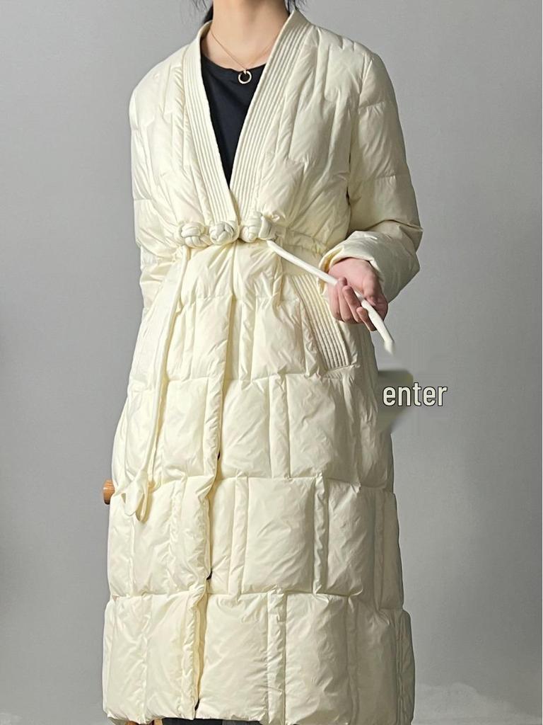 Kongmi Winter 2023 Damen Schlankmachende V-Ausschnitt A-Linien Lange Daunenjacke