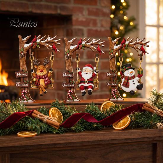 Creative Christmas Desktop Ornaments Wooden Ornaments, Santa Snowman Figurine with Moving Holiday Decorations Swing, Rustic Tabletop Centerpiece