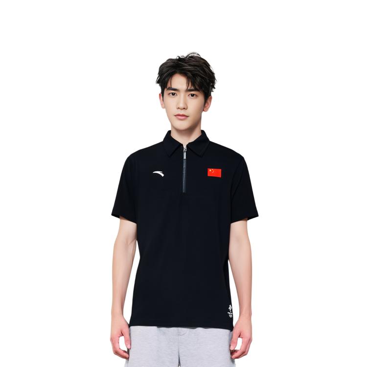 Anta National Flag Series Printed Zipper Short Sleeve Polo Shirt Men Tops Black 152130133-2
