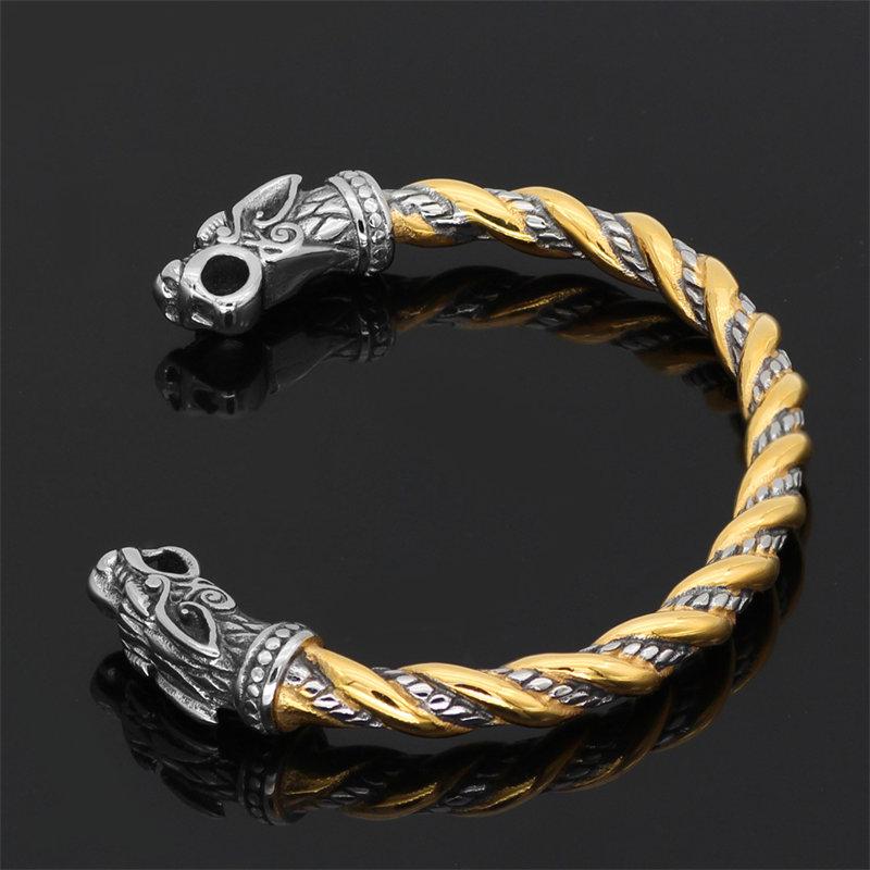 Viking Double Wolf Head Open Gold Silver Solid Bracelet Fashion Gifts Punk Adjustable Bracelets