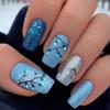 Blue and Black Gradient Heart Vine Pattern Square Toe Wear-On Nail Art