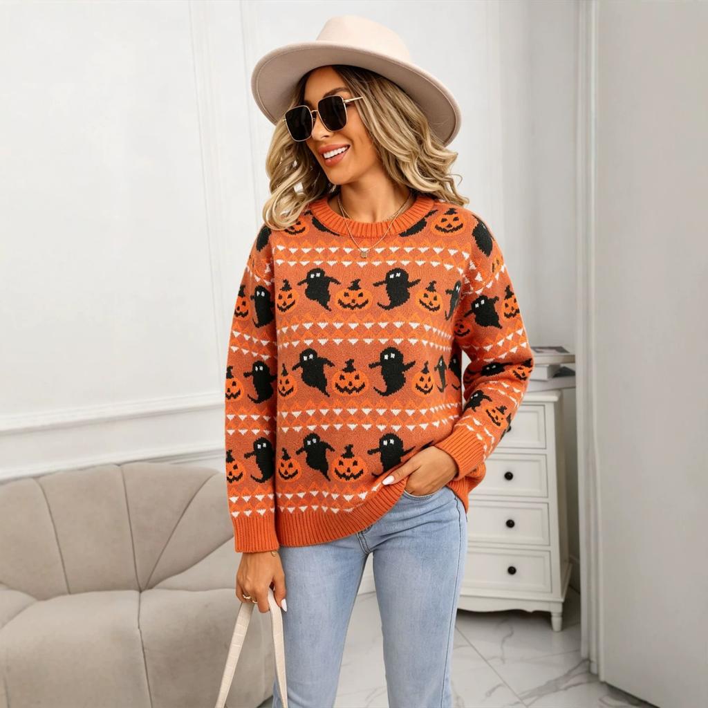 Women's Halloween Pumpkin Neck Pullover Sweater
