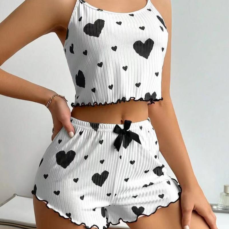 Set 2 Piese Pijama Dulce cu Imprimeu Summer Love pentru Femei, Bretele, Pantaloni Scurți, Pijama Pure Desire pentru Femei