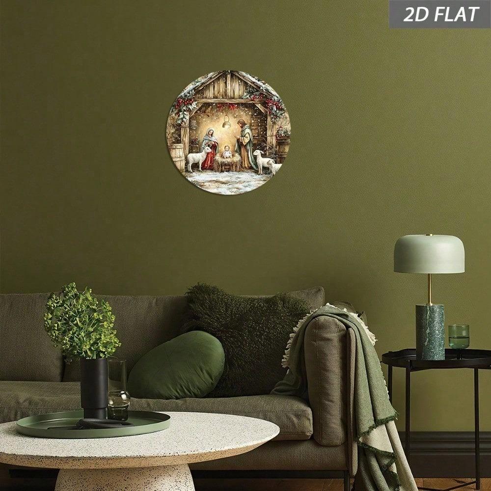 Vintage Christmas Nativity Metal Sign 8x8 Inch Round Tin Plate Wall Art Durable Religious Holiday Home Decor For Living Room