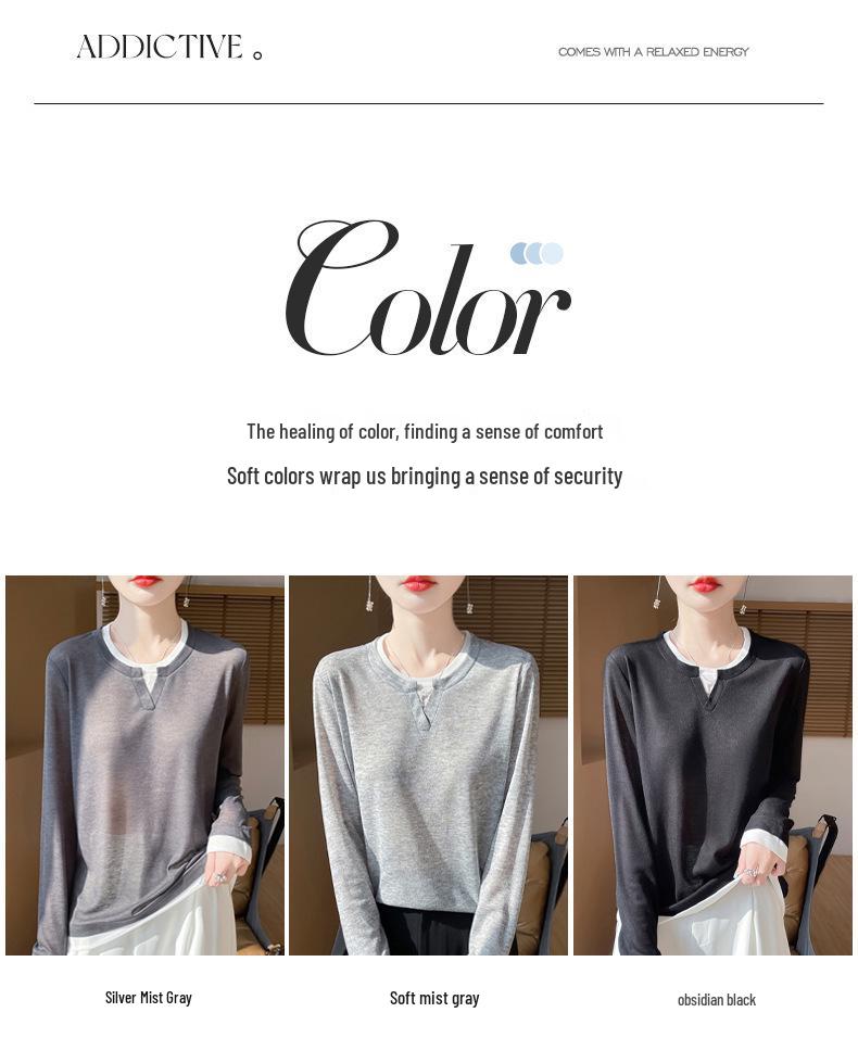 Women's Faux Two-Piece Color Block Knit Top with Round Neck and Long Sleeves - Spring Collection