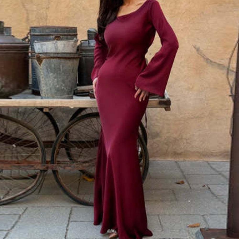 Womens Dresses New Long Dresses Fashion Simple Round Neck Satin Flare Sleeve LaAe Up Slim Evening Party Dresses Sexy Dress