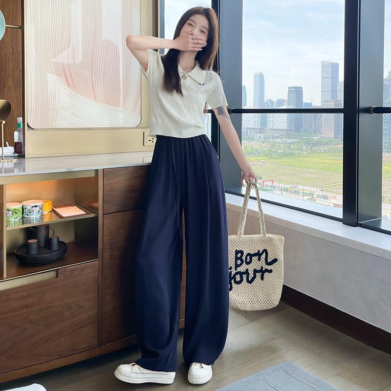 Navy blue linen pants children's new drape slack wide-leg pants small summer light casual pants