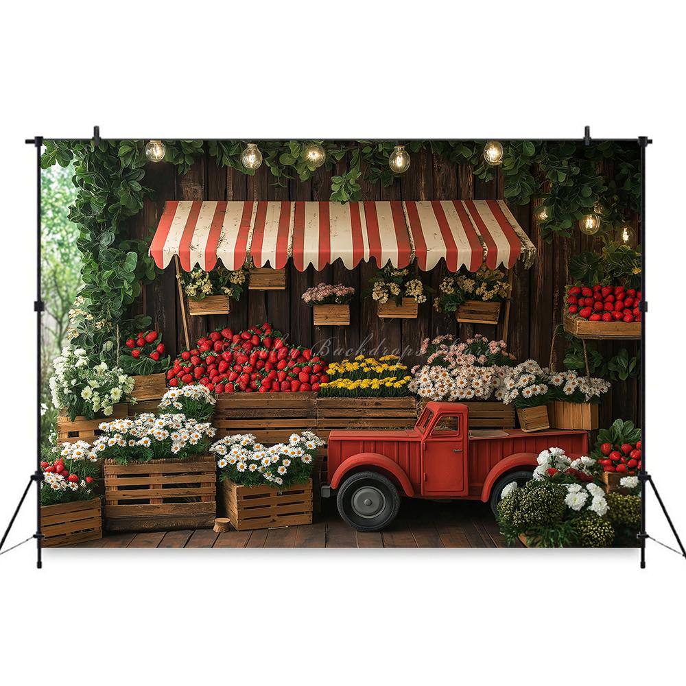 Rural Barn Door Strawberry Themed Birthday Party Background, Children's Birthday Party Decoration Photography Studio Background