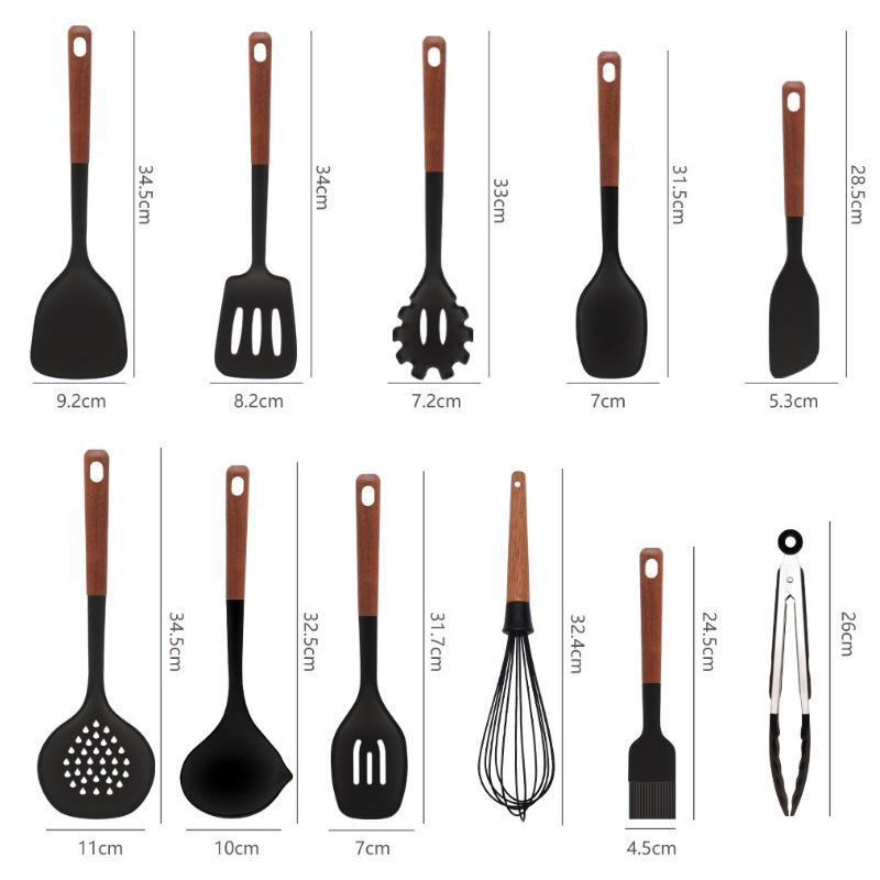 Multi-Color Silicone Wooden Handle Kitchenware Set Non Stick Pot Spatula And Spoon Cooking Utensils, Heat-Resistant
