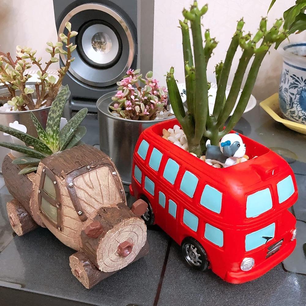 Vintage Double-Decker Bus Resin Planter for Succulents Gardens  Home Office Decor with Drainage Hole Creative Retro Red Planters