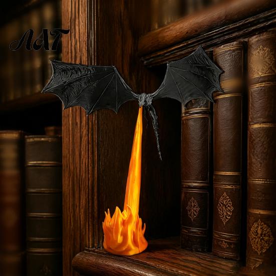 Fantasy Book Nook Dragon Bookshelf Light, 3D Printed Fire-Breathing Flying Dragon, Shelf Accent Lamp Sculpture with LED Flame Gothic Library