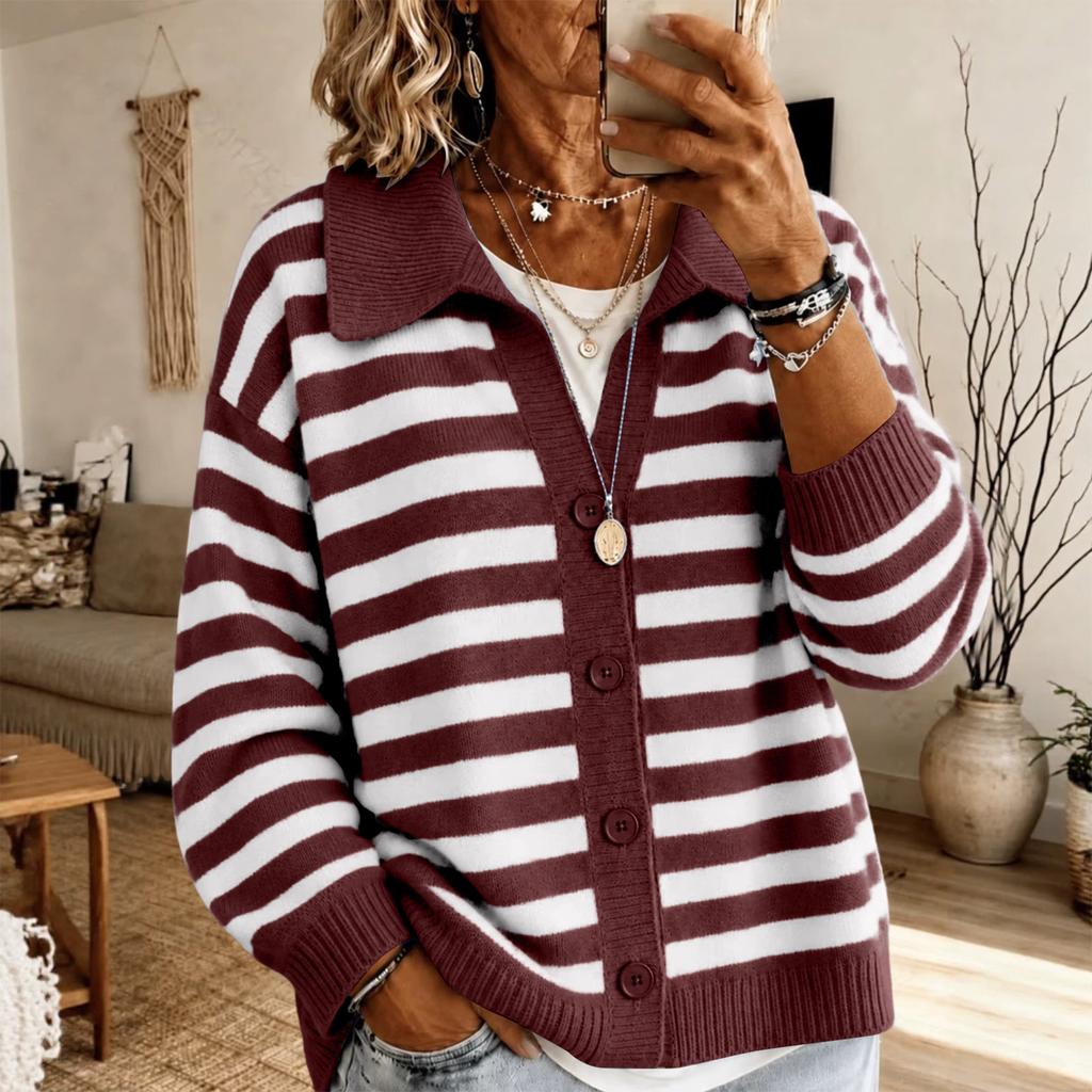 Women's Casual Color Block Striped Knit Cardigan with Lapel Collar