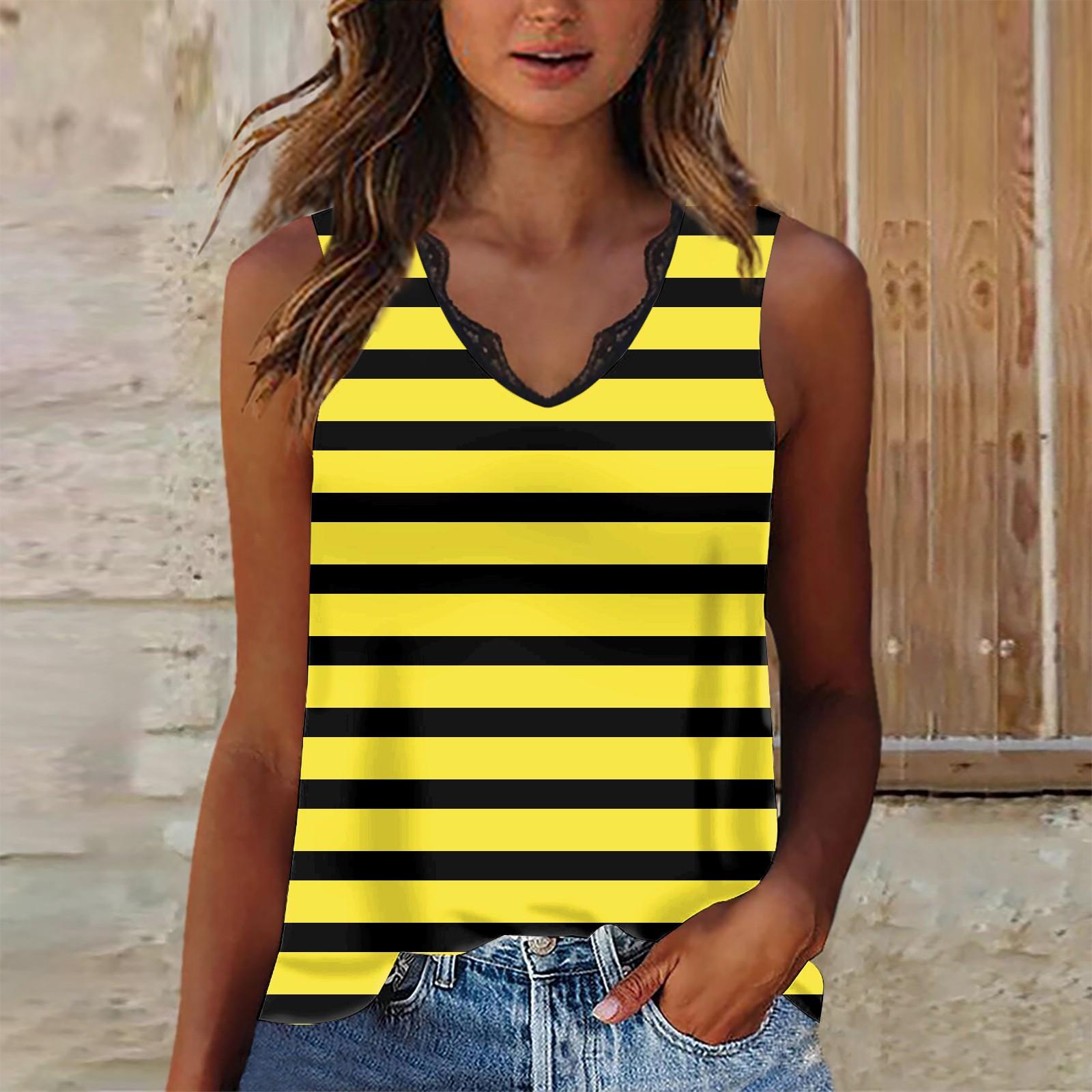 

Жіночий повсякденний повсякденний друк у смужку, мереживна панель, жилет із V-подібним вирізом, вільний топ S жовтий