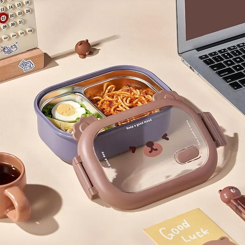 Cute Bear-Shaped Lunch Box Stainless Steel Double Grid Bento Box with Heat Preservation Dividers for Students Office Workers