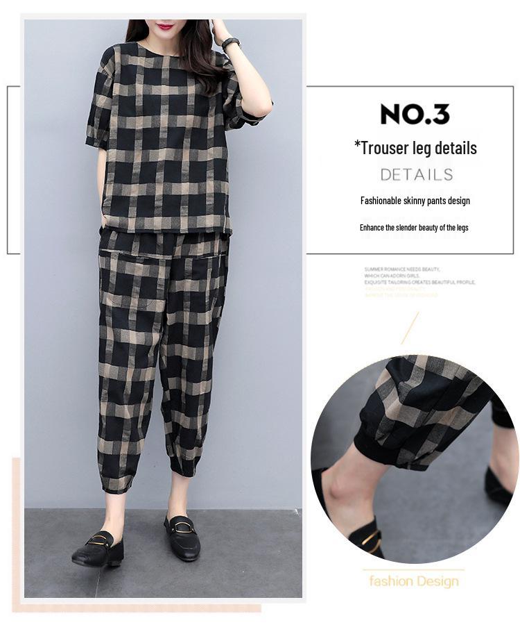 Women's Plaid Two-Piece Set: Summer Plus Size Casual Short Sleeve Top and Nine-Point Pants