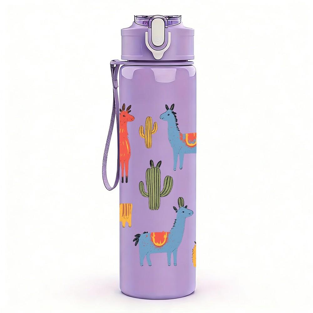 1PC Multi Llama Cactus Desert Pattern 750ml Color Plastic Sports Water Bottle Leakproof Flip Straw Lid Suitable for Sports Office Home Use