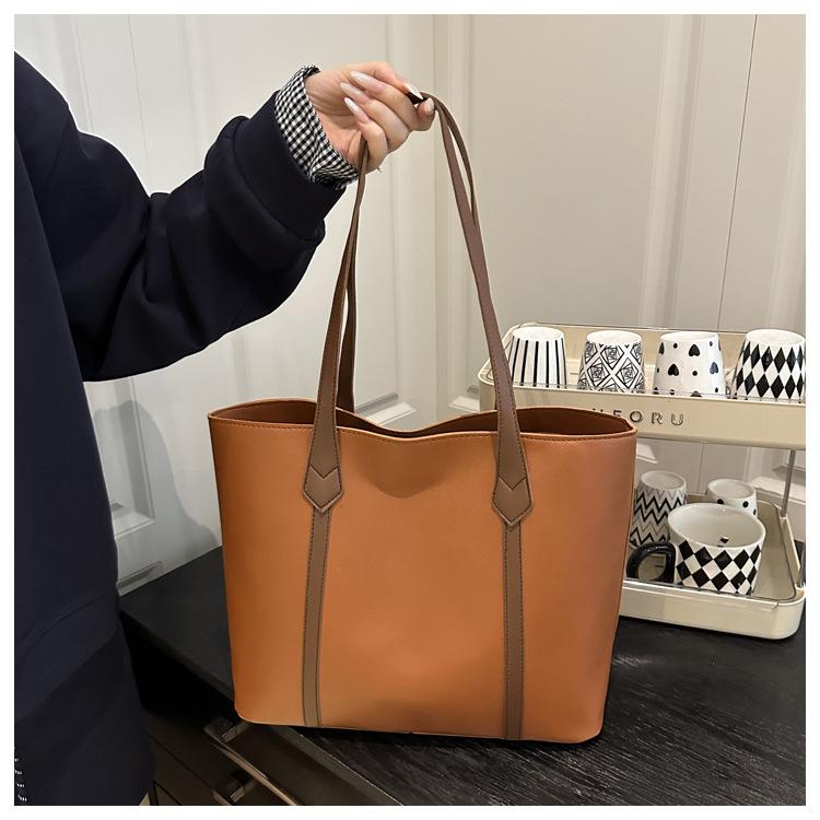 Korean Version Large Capacity Solid Color Faux Leather Tote Bag Fashion Vintage Commute Simple Shoulder Bag