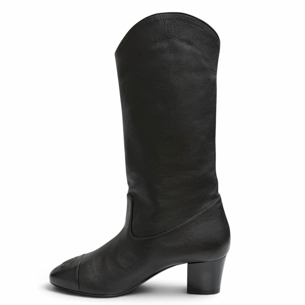 Pristine CHANEL COCO Mark Medium Leather Boots Jockey Boots Black 36 G36273 Used