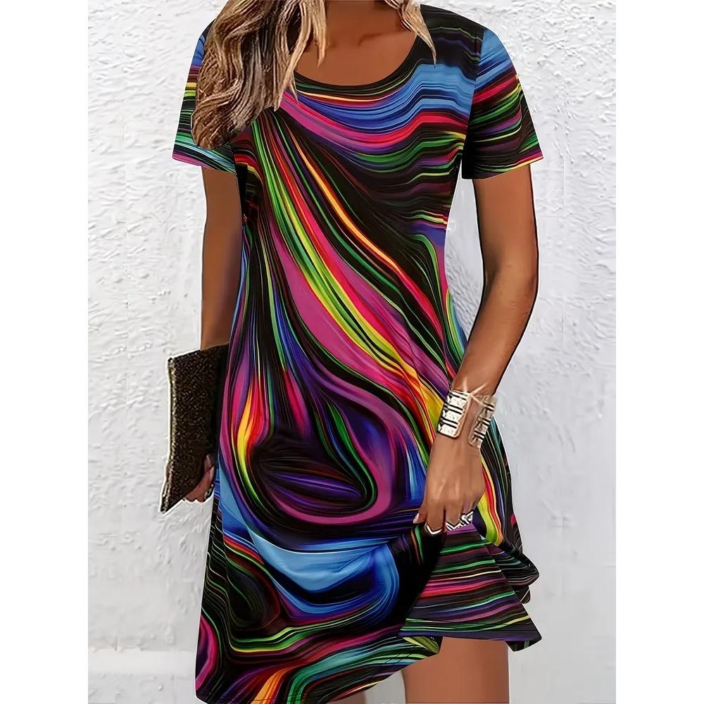 Creative Retro Geometric Stripes Patterns Women Mini Dresses Summer Short Sleeve Printed Plus Size Casual Comfortable Soft Dress