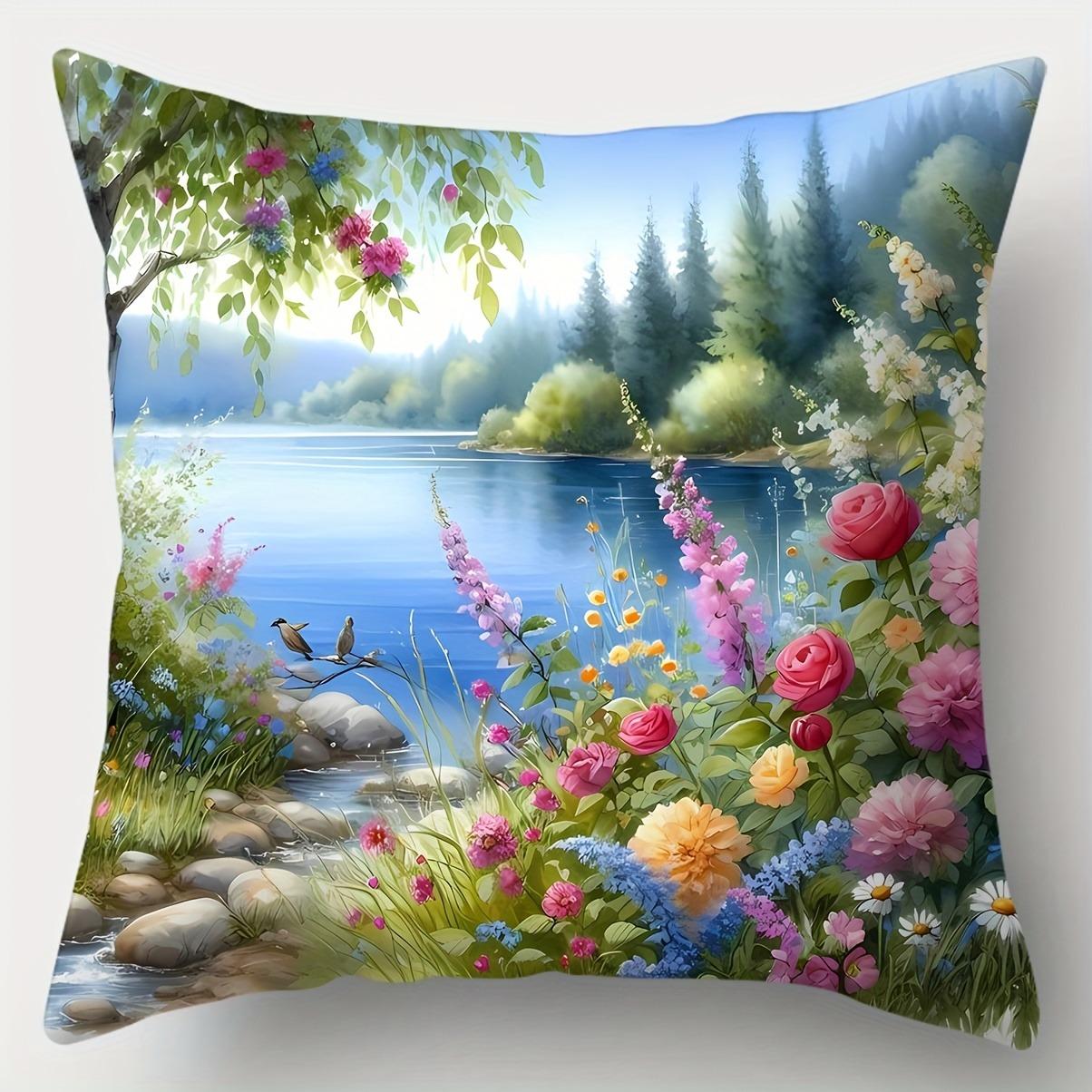 

Подушки с живописным пейзажем и полевыми цветамиЧехол для подушки на диван в гостиную, мягкий и удобный, украшение для спальни 16x16in 40x40cm
