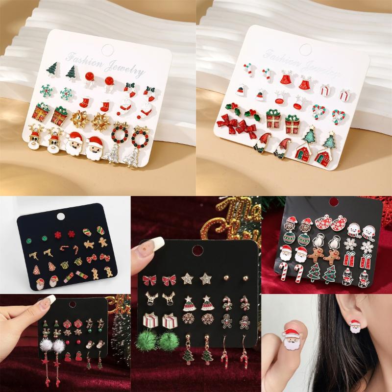 24Pcs Christmas Earrings Set For Women Small Shiny Zircon Xmas Tree Santa Claus Snowflake Earring Party Jewelry Accessories Gift
