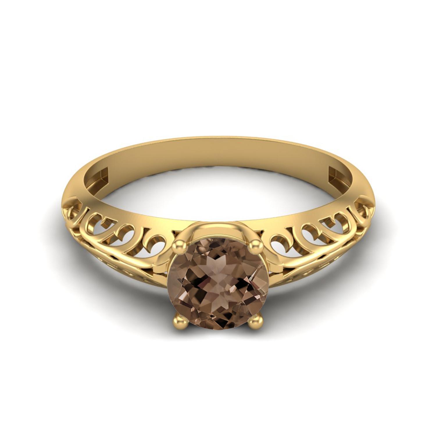 0.85 Ctw Round Smoky Quartz 925 Sterling Silver Gold Vermeil Solitaire Filigree Women Promise Ring 11