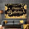 Of Elegant Happy Birthday Anniversary Banner, Hard-wearing Polyester, Gold & Black Theme with Balloons, Stars, Champagne Motif, Perfect for Party,