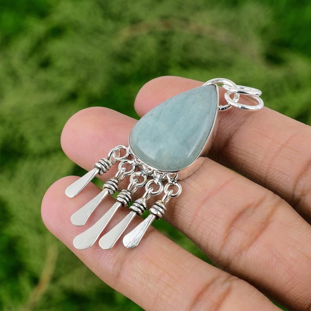 Pendentif Tendance en Argent Sterling 925 avec Aigue-marine Naturelle de Naissance de Mars