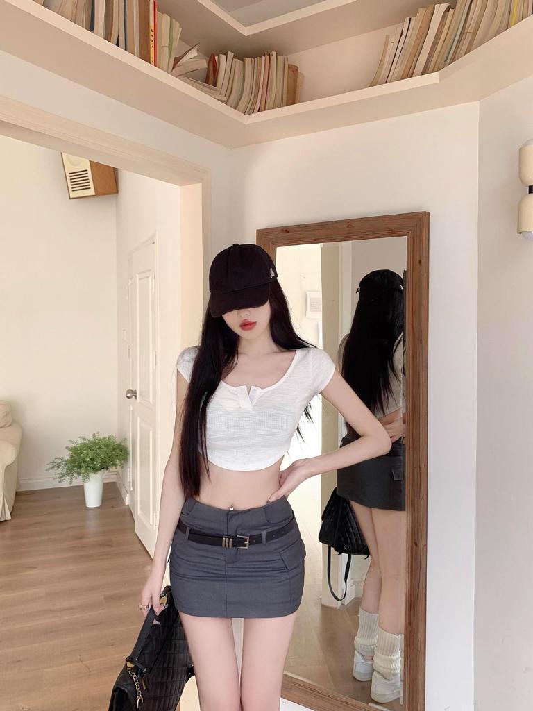 Women's Summer 2024 Gray High Waist A-line Mini Skirt - Versatile Slimming Petite Fit