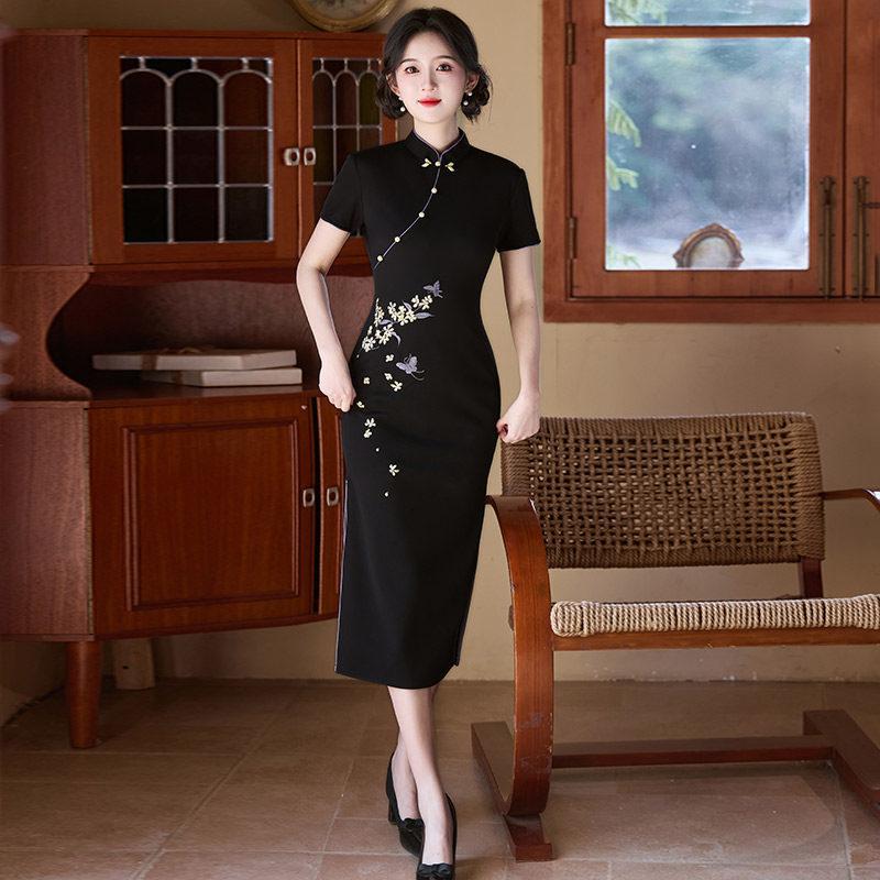 Black, send the national style, new Chinese style, daily Suzhou long cheongsam, improved young 1011 new women's high sense