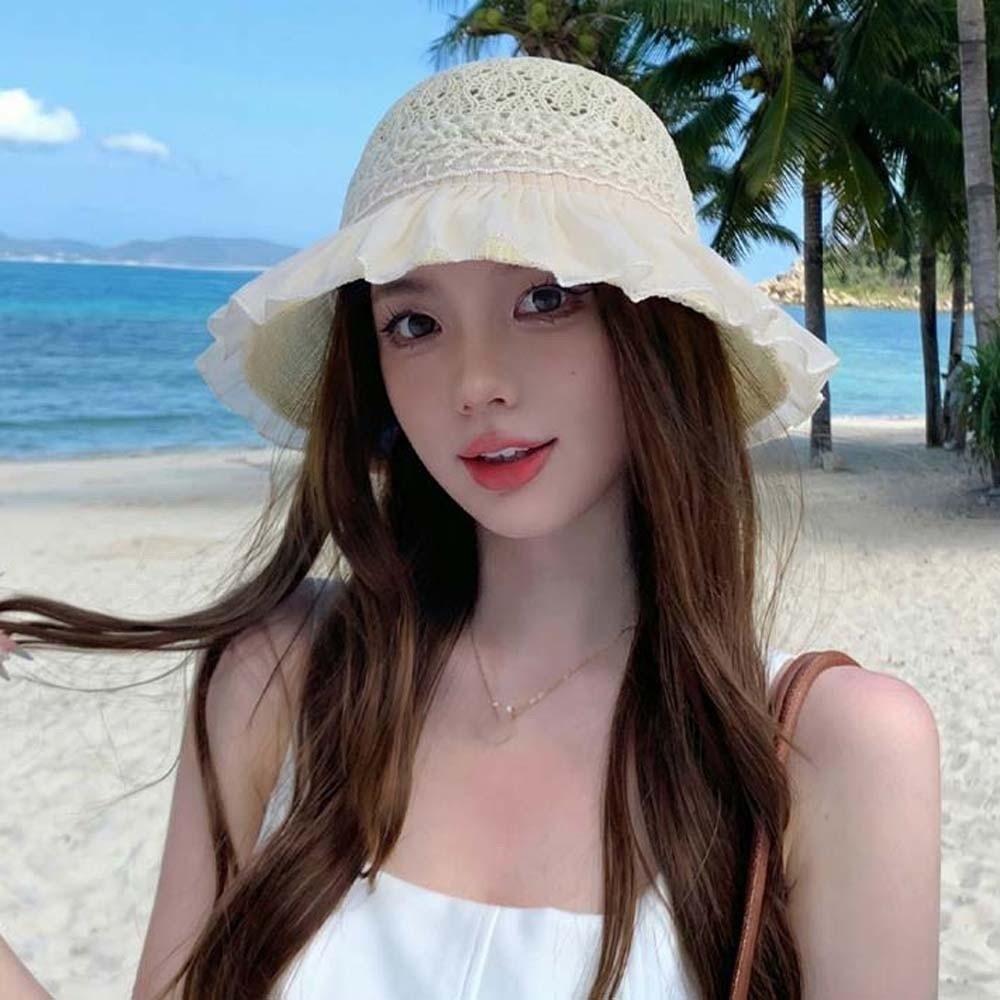 Breathable Vacation Beach Cap Lightweight Woven Sun Cap Wide Brimmed Straw Hat  Spring / Summer