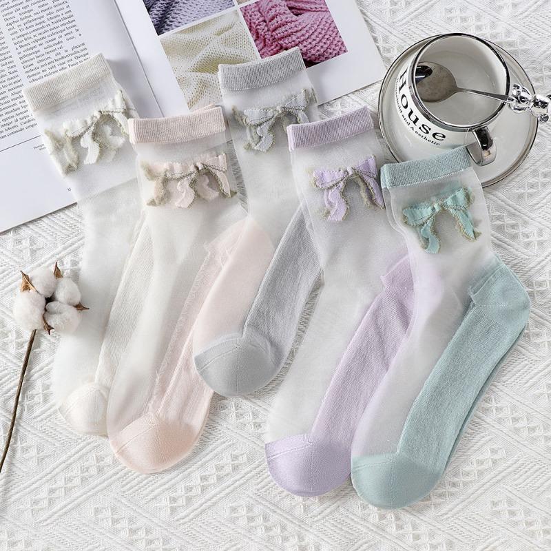 5 Pairs of Women's Summer Super Thin Polka Dot Cotton Sole Anti Hook Embroidered Clear Crystal Stockings