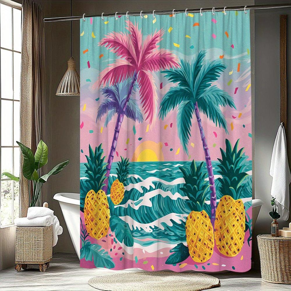 1pc Tropical Landscape Shower Curtain Beach Scenery Banana Tree Pineapple Brilliant Colors Bathroom Decoration Polyester Fabric