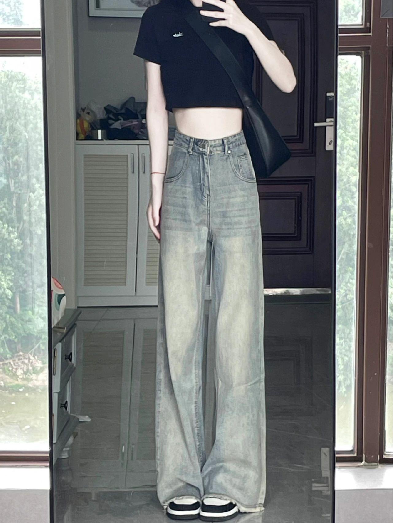 

Маленькие светло-голубые джинсы с высокой посадкой, необработанным краем и широкими штанинами для женщин Large