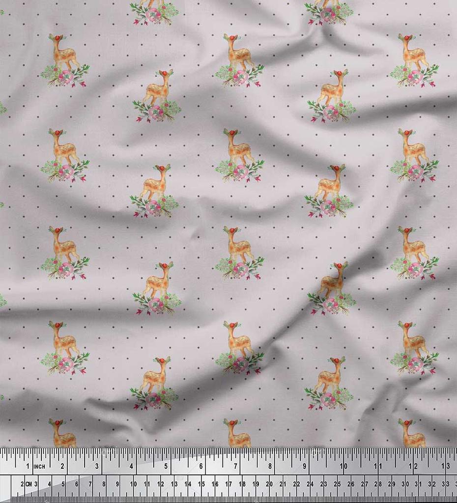 Soimoi Gray Japan Crepe Satin Fabric Dot & Deer Animal Print Sewing Fabric metre 42 Inch