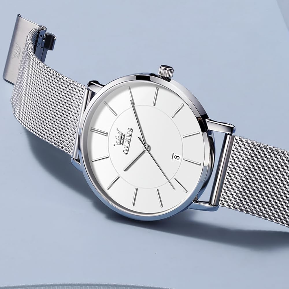 OLEVS Women's Minimalist Casual Watch Leather Band Waterproof Analog Quartz with Date Calendar Silver Mesh Strap