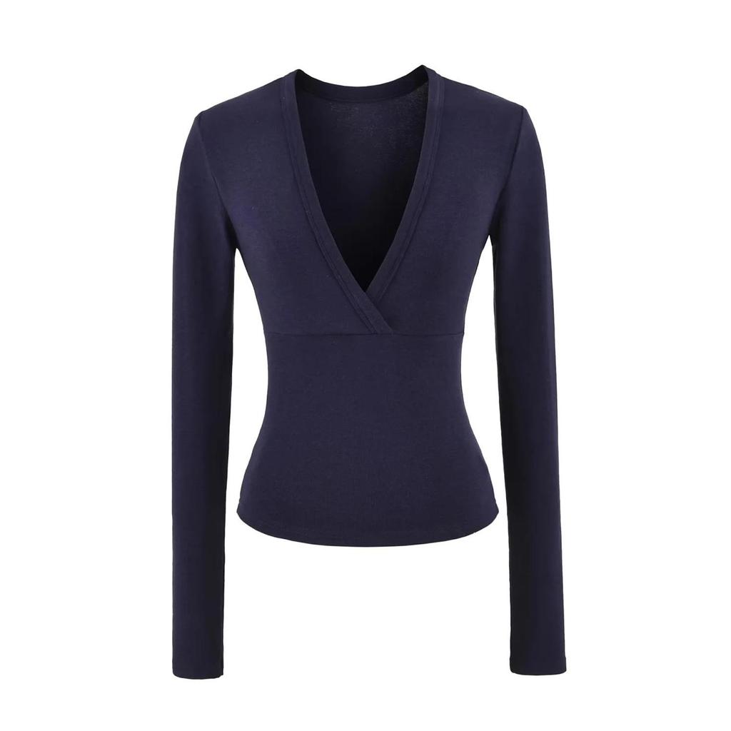 Women's Spicy American Deep V-neck Waist-cinching Long-sleeve T-shirt - Slim Fit for Autumn