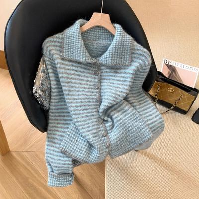 Design Sense Contrasting Color Striped Sweater Jacket Women's Autumn and Winter Lazy Loose Lapel Knitted Cardigan Top