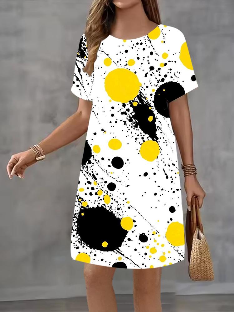 Modisches 3D-Druck Sommerkleid Locker Lässig Kurzarm Rundhals Minikleid