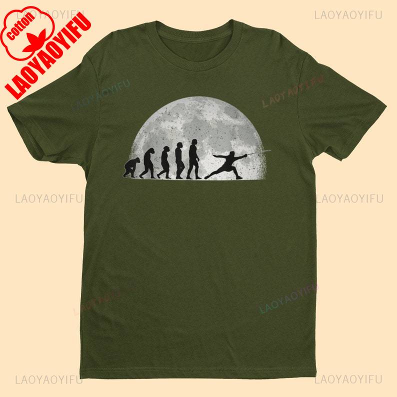 Evolution of The Sword Fencer T Shirt From Ape Through Prehistoric Man To Fencer Fencing In The Moonlight Graphic T Shirts Tees