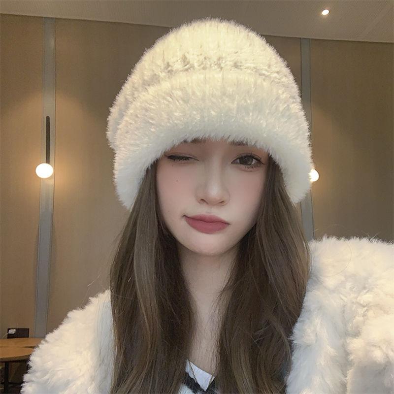Big Face Showing Face Small Rabbit Hair Knitted Hat Children's Winter New Warm Loose Big Head Circumference Ear Protection Wool Hat