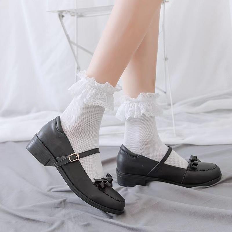 Women Socks Lace Lolita Jk Japanese Style White Black Solid Kawaii Girl Cotton Cute Ankle Socks for Famale