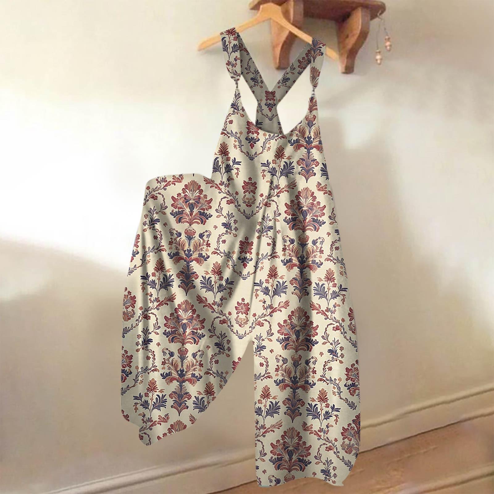 

Широкие комбинезоны для женщин, повседневные свободные комбинезоны без рукавов, ретро-принт, металлические пуговицы, длинные брюки, комбинезон с карманами XL