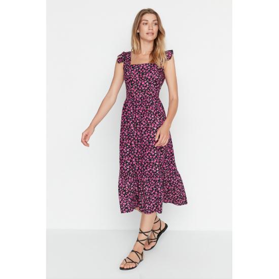 Rochie midi cu modele florale cu mâneci mini cu guler pătrat